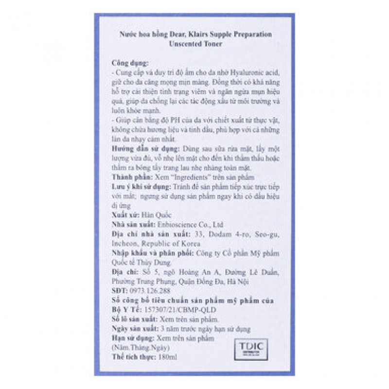 Nước Hoa Hồng Klairs Không Mùi Cho Da Nhạy Cảm 180ml Supple Preparation Unscented Toner
